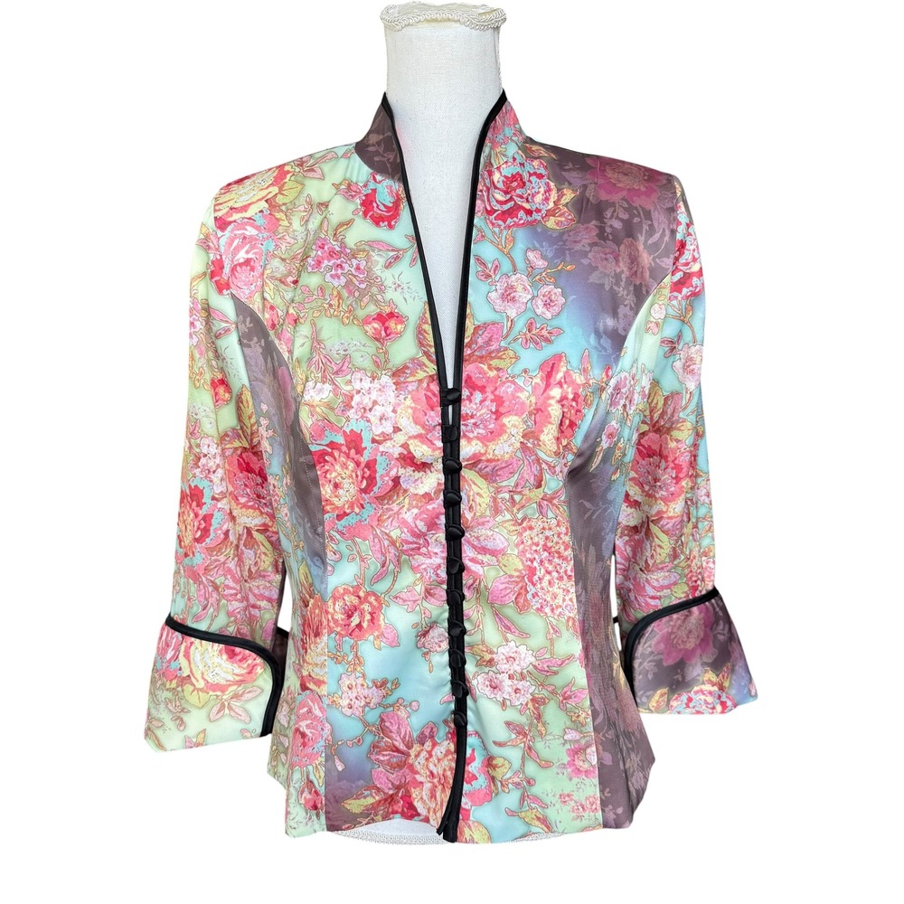 Mesmerize Womens Floral Mandarin Collar Button Front Jacket Multicolor Size M